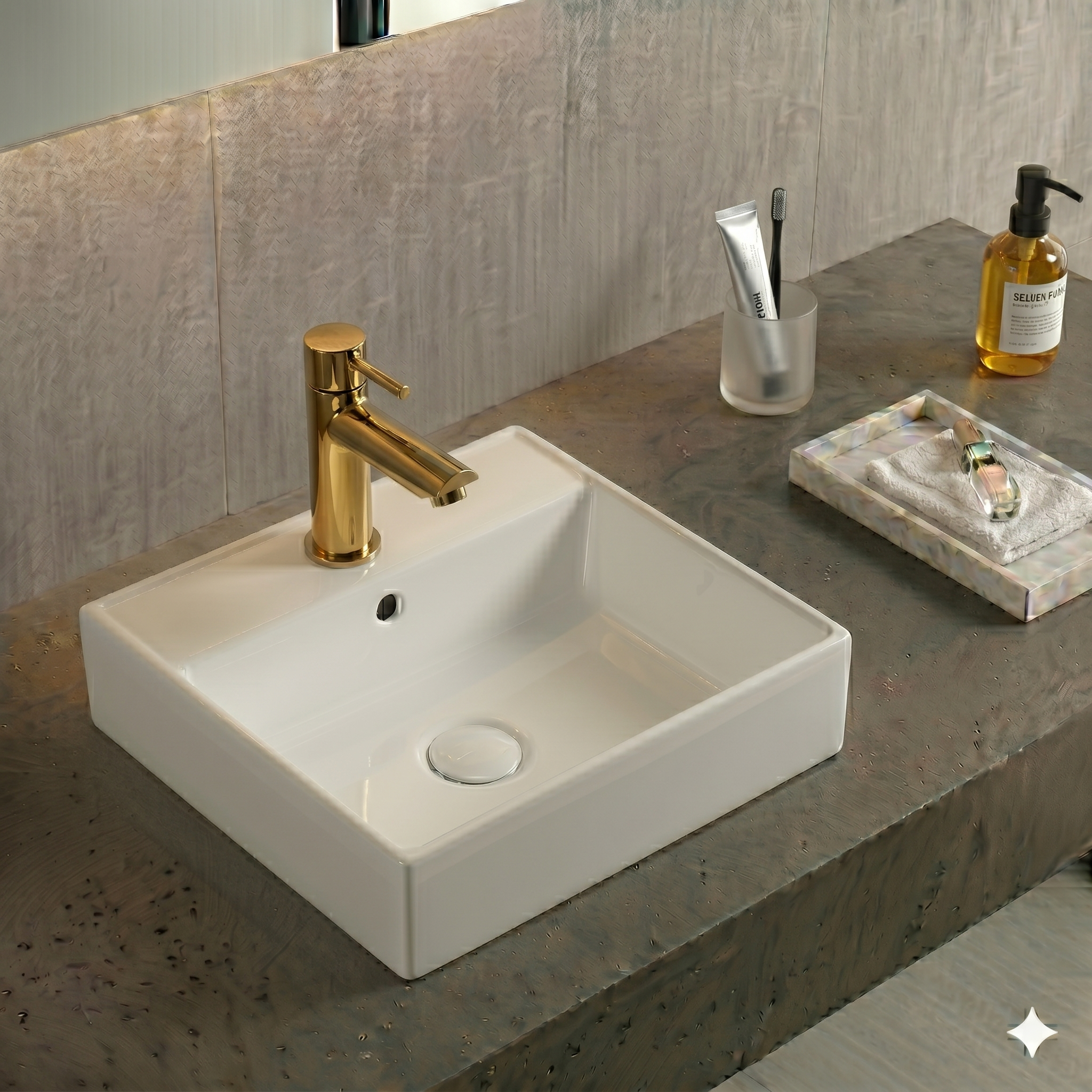 Conjunto Cuba de Apoio VBR5 — Torneira Inox Acabamento Dourado