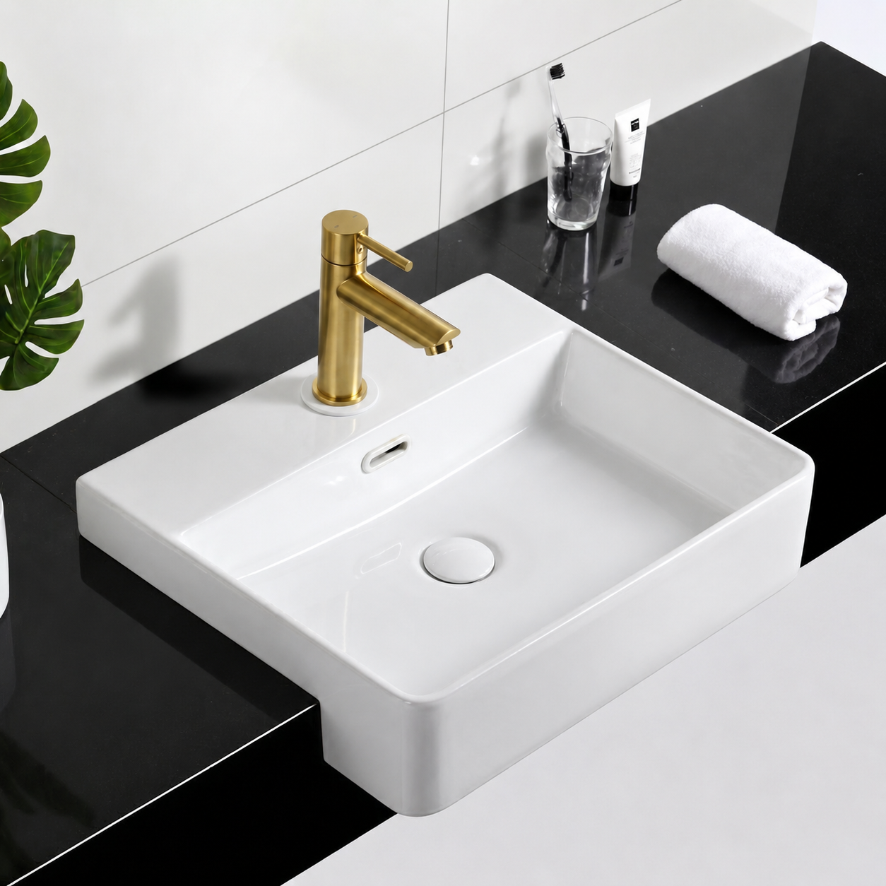 Conjunto Cuba de Apoio VBR — Torneira Inox Acabamento Dourado