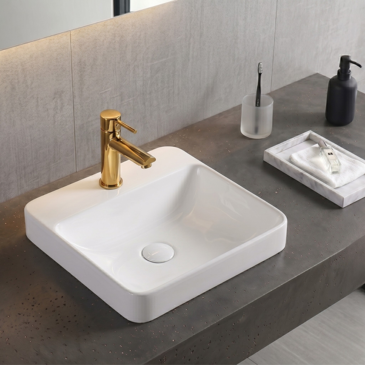 Conjunto Cuba de Apoio VBR2 — Torneira Inox Acabamento Dourado
