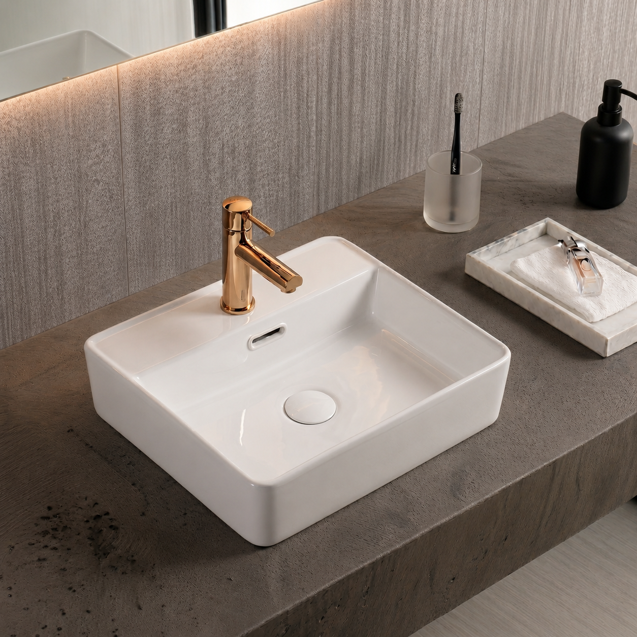 Conjunto Cuba de Apoio VBR4 — Torneira Inox Acabamento Dourado